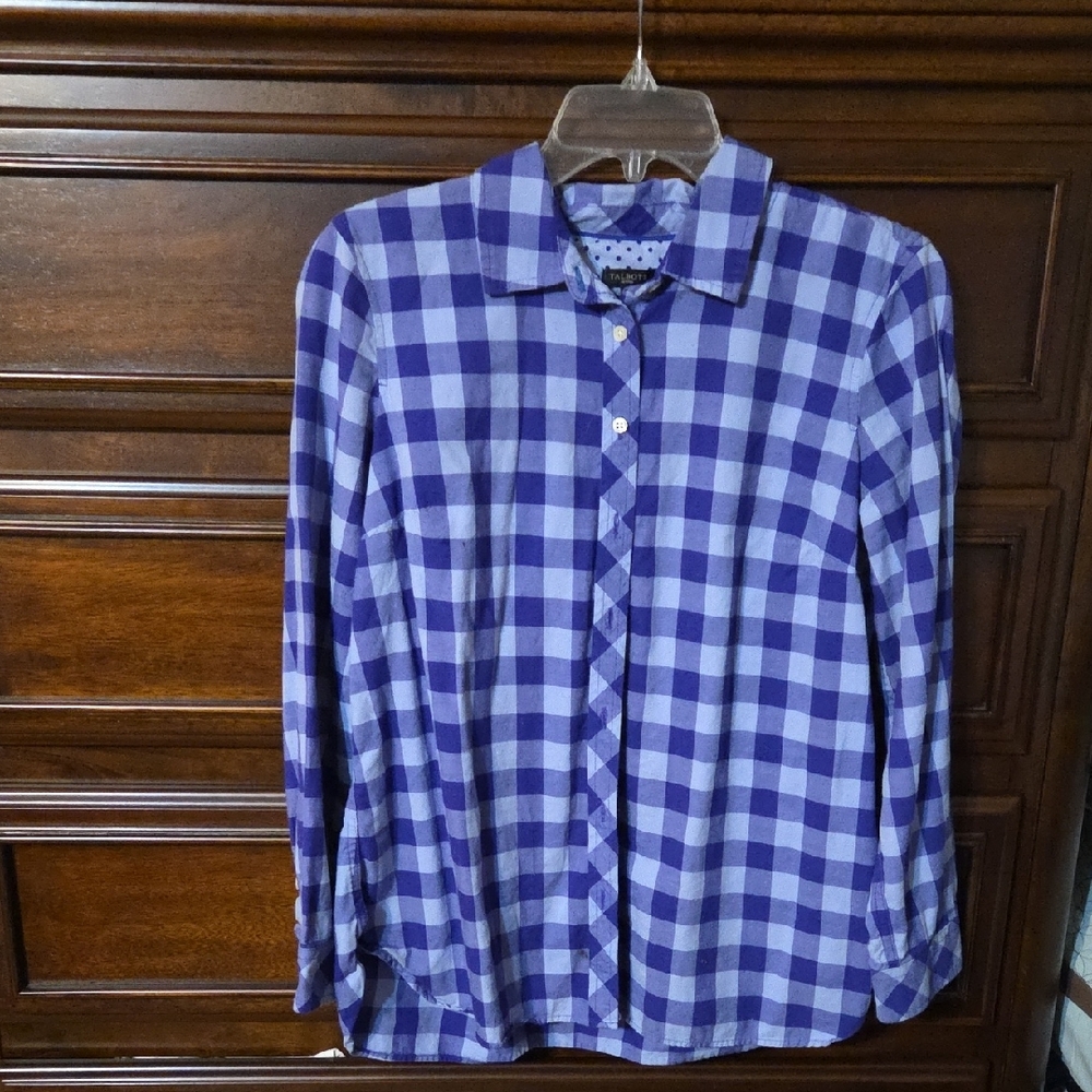 Talbots Purple Button Down Shirt with Bold Checkered Pattern